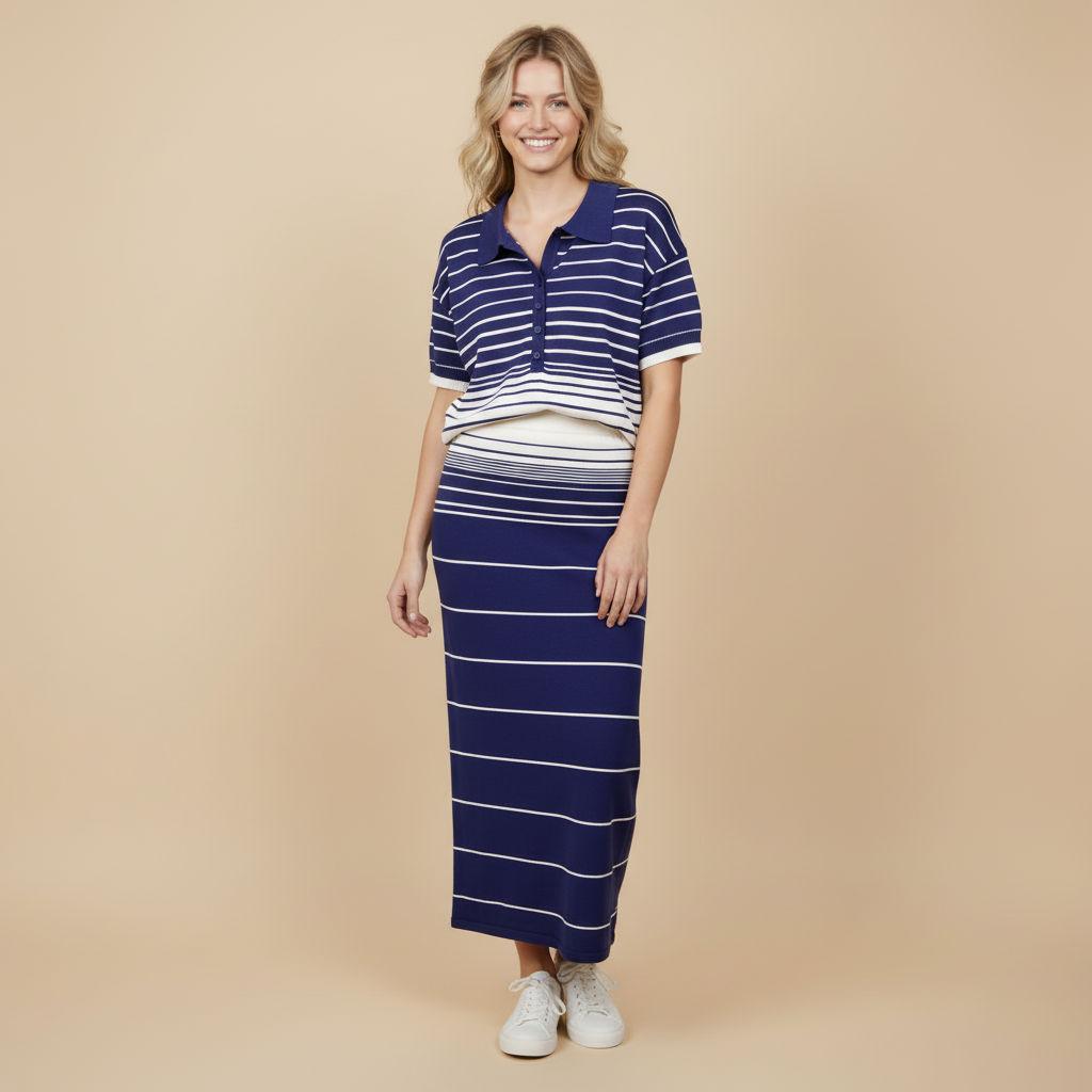 Falda de punto azul marino crudo Jagger de largura media