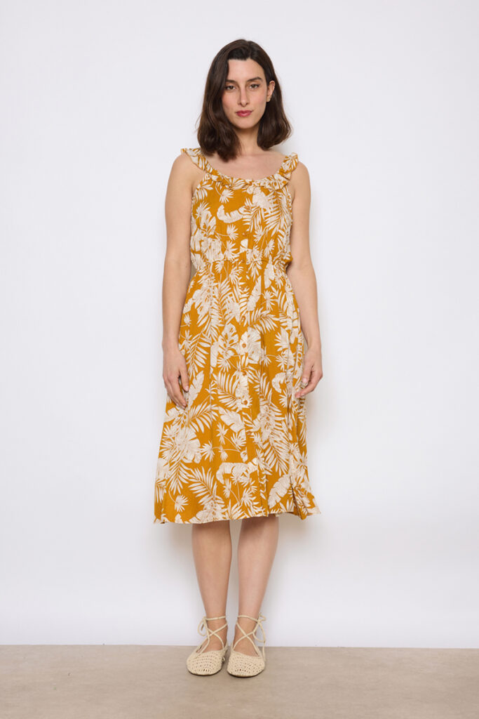 Vestido largo de tiras y estampado de flores mostaza Kenneth